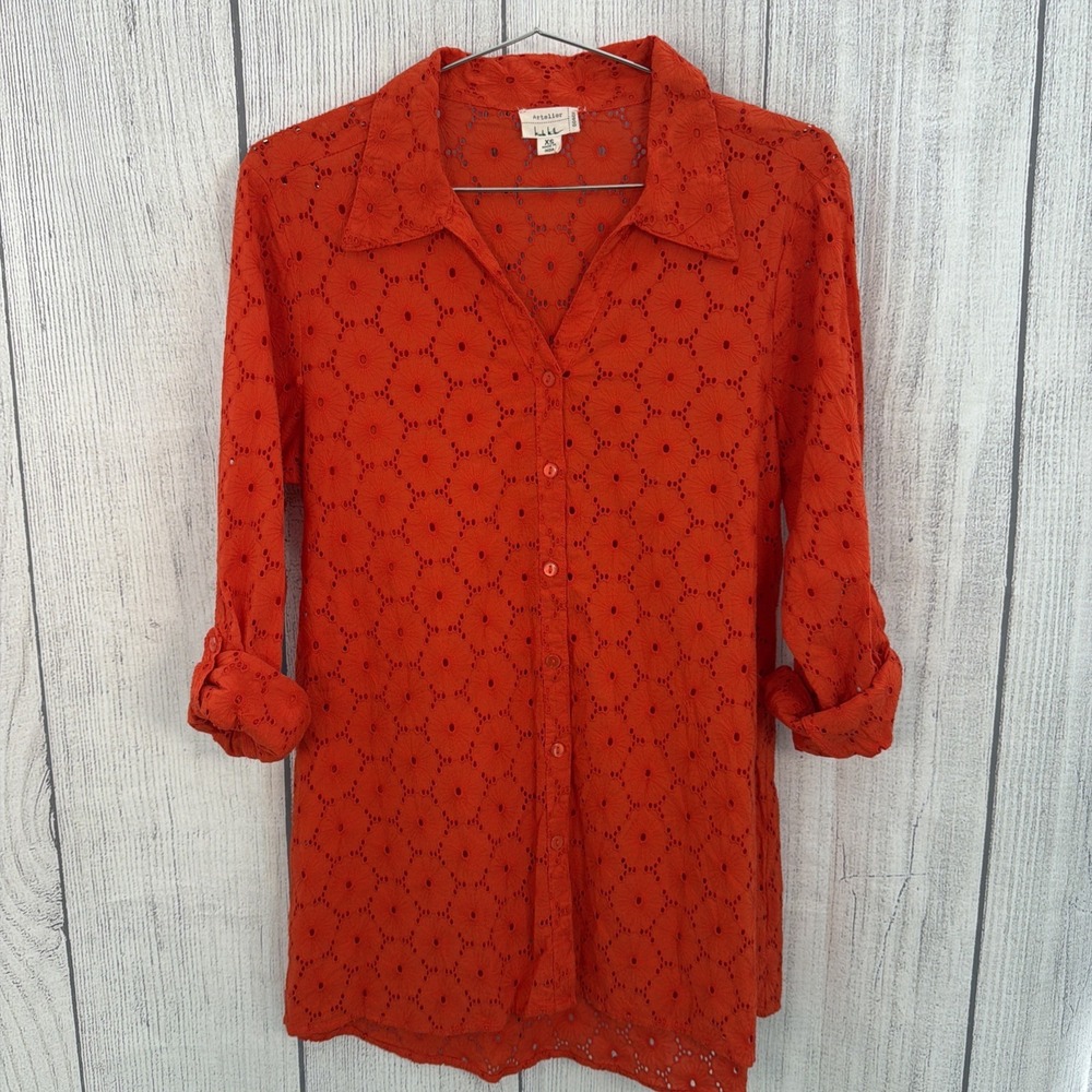 Artelier Nicole Miller Top Womens XS Orange Eyelet Floral Cotton Beachy Resort